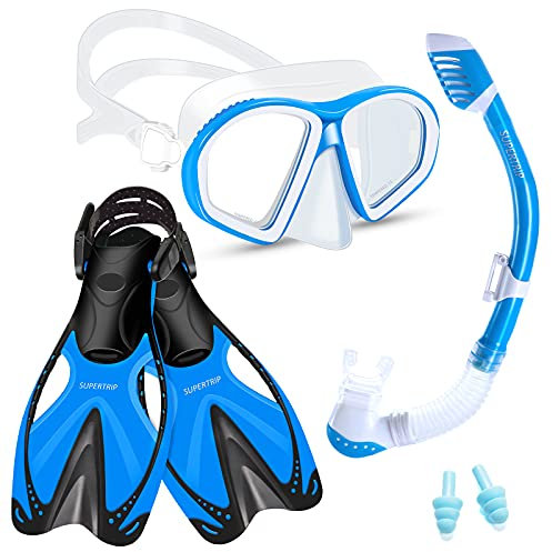 Supertrip Kinder Schnorchelset 3-teilig, Schwimmset, Tauchset, Taucherbrille mit Tempered Glas, Dry Schnorchel, Verstellbare Flossen/Tauchflossen für Kinder