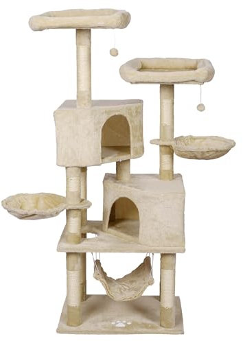 Klösträd beige med Tassmotiv 145cm Katträd med Hängmatta Katthus Spelboll