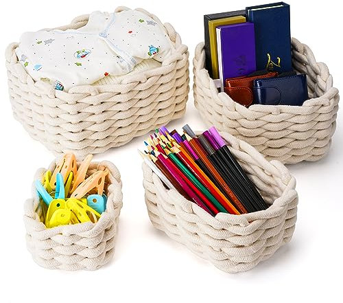 Lannvan Set di 4 Cestini in Corda di Cotone Cesto Contenitore Organizer Cestini Portaoggetti Decorativi Rettangolari Naturali Per Camerette Soggiorno Camera Da Letto Bianca/giallo(LVN-WW-CFXSNL-WT-4)