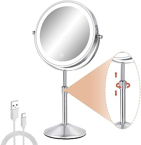 FFowcye Schminkspiegel mit Beleuchtung & Vergrößerung, 8 Zoll Höhenverstellbarer Tischspiegel, 1x/10x Vergrößerungsspiegel mit 3 Lichtmodi, USB-Aufladbar für Kosmetik und Rasur