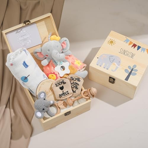 Youuys Baby gåva till födseln presentset, baby gåva pojke och flicka, trälåda baby gåva nyfödda, 8-i-1-set med muslinduk bomull goseduk skallra + presentkort (elefant)
