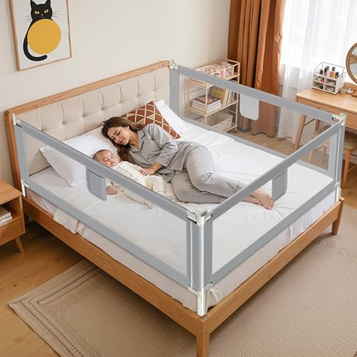 Ikodm - Griglia di protezione per letto per bambini 2X 200 cm e 1x 180 cm, griglia di protezione per letto con altezza regolabile da 64-96 cm, protezione anticaduta per letto, griglia di protezione