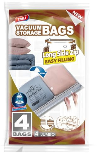 TAILI Vacuum Storage Bags With Long Side Zip 4 Pack 100 x 70 CM Extra Large Vacuum Bags for Clothes, Duvets, Bedding, Travel Reusable Compression Zipper Storage Space Saver