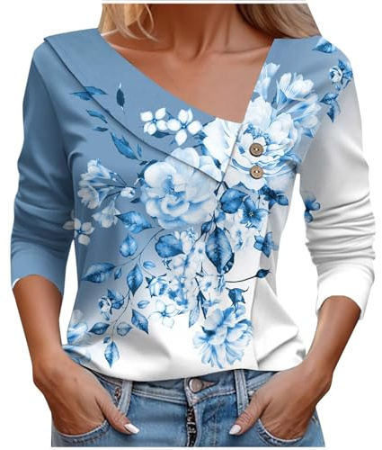 Uwdiohq T-Shirt Stampata Casual a Maniche Lunghe con Scollo a V Primavera/Estate da Donna Magliette Scritte Personalizzate Magliette Manica Lunga Donna Maglietta Donna Elegante Estiva