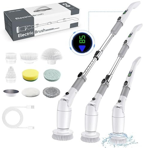 Elektrische Reinigungsbürste, Electric Spin Scrubber Mit 8 Austauschbaren Bürstenköpfen und Verstellbarem Verlängerungsgriff, Elektrische Bürste zum Putzen für Bad, Küche, Auto, Fliesen, Wand