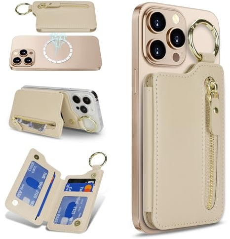 Zouzt für MagSafe Wallet, Magnetischer Handy Kartenhalter Reißverschluss, Zipper Wallet mit verstellbarem Ständer, Ring Schlüsselanhänger for iPhone 16e/16 Pro Max/15/14/13/12, Beige
