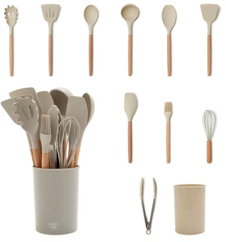GreenLife 11 Piece Silicone Utensil Crock Set, Nonstick Kitchen Tools, Ladle, Turner, Slotted Turner, Spatula, Spoon, Spaghetti Server, Brush, Whisk, Tongs, Crock, Taupe