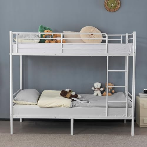 Karl home Heavy Duty Metal Bunk Bed Frame with Ladder, Space Saving Double Single High Loft Beds w/Guardrails for Small Rooms, Adults Teen Fit for 5-8 Mattress, White