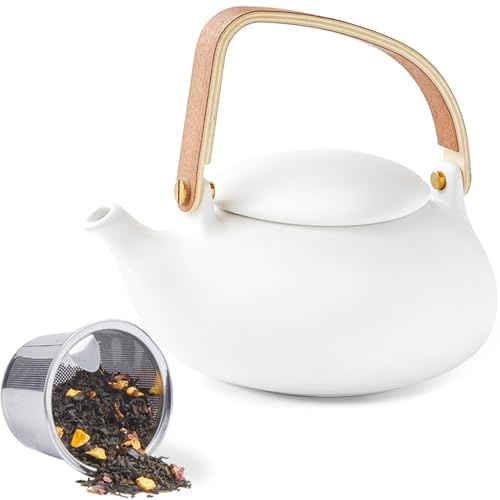 ZENS theiere avec infuseur,Théière en japonaise pour le thé en vrac, 800ml Small céramique Théière avec filtre en acier inoxydable 304 Blanc mat théière Cadeau avec manche en bois moderne