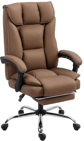 HOMCOM Executive Office Chair with Footrest Pet-Friendly Faux Leather Brown | Computer Desk Chair, Double-Layer Padding, Upholstered Swivel Recliner, for Home Office, Working