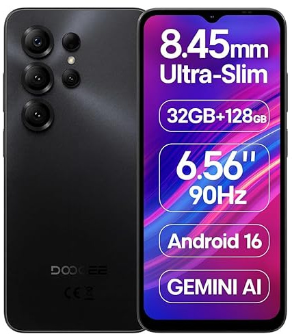 DOOGEE Note 56X Pro Teléfono Android 16, 8,45mm Ultra Delgado y Ligero, 32GB+128GB, 6,56 IPS 90Hz, Móvil Smartphone 4G, Cámara 13MP+8MP, Batería 6150 mAh, Dual SIM, Gemini AI, NFC, GPS Negro