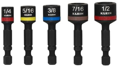 Klein Tools 32925S Nut Setter Set, Magnetic Impact Driver Set, 2-Inch Power Nut Drivers, Color-Coded, SAE, Impact-Rated, 5-Piece