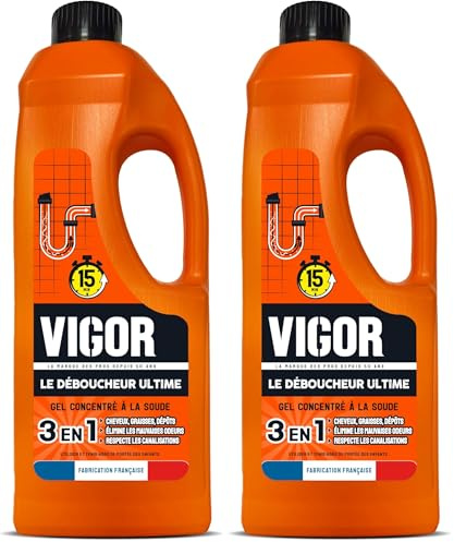Vigor | Le Déboucheur Ultime | Cheveux, graisse et dépots | Elimine les mauvaises odeurs | Respecte les canalisations | Gel concentré à la soude | 1L (Lot de 2)