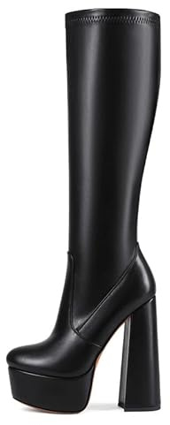 Veelau Meieer Botas de tacón alto para mujer, con plataforma alta, elásticas, con tacón de bloque, botas largas de moda, Poliuretano negro., 46 EU