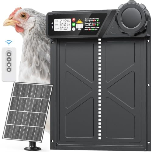 Grande Taille Porte Automatique Poulailler Solaire avec Panneau 7W | Porte Poulailler Automatique Minuterie, Télécommande 15m, Écran LCD, Anti-Pincement, pour Poules Canards