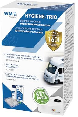 Hygiene-Trio HGT-120 | Wasserhygiene Komplett-Set für Tanks bis 160L | Reinigung, Entkalkung, Desinfektion & autom. Wasserkonservierung | für Caravan, Wohnmobil & Boot | Made in Germany