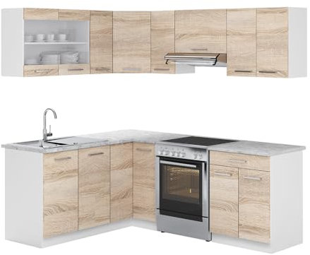 Vicco cucina angolare completa Rick, Sonoma/Bianco, 167 x 207 cm, PL Marmo