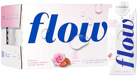 Flow Alkaline Spring Water, Organic Strawberry + Rose, 100% Natural Alkaline Water pH 8.1, Electrolytes + Essential Minerals, Eco-Friendly Pack, 100% Recyclable, BPA-Free, Non-GMO, Pack of 12 x 500ml