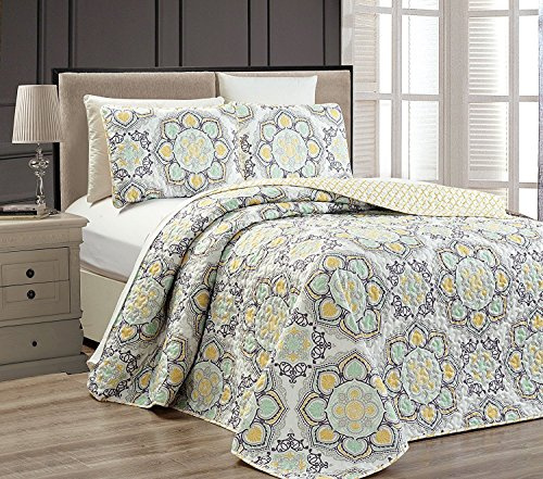Linen Plus Full/Queen 3pc Reversible Oversized Bedspread Set Medallion Print Yellow White Grey Light Green New