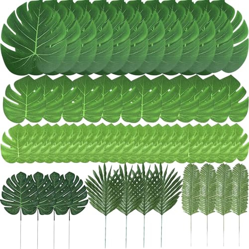 Zhou-long Konstgjorda blad, 60 st konstgjorda blad, tropiska palmblad, monsterablad med stjälkar för safari-dekorationer, tropiska festtillbehör, djungel, strand, luau-tema, festdekorationer (6 typer)