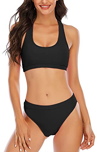 YELAIVP Solid Racerback Athletic Bikini Sets Sporty Two Pieces Swimsuit Scoop Neck Bathing Suits for Women Black
