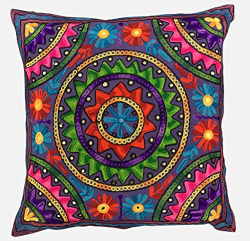 Hecho a mano 60x60 cm Fundas de cojín decorativas de cachemira, Suzani Mandala de algodón, con lentejuelas bordadas, estilo boho para decoración del hogar, al aire libre, funda de 60x60 cm vegana