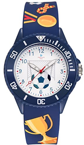Alienwork Football Garçons Montre Pédagogique Apprendre l'Heure Enfants Garçon Fille Bleu Marin Bracelet en Silicone Blanc Enfants Résistant à l'eau 5 ATM Temps d'apprentissage