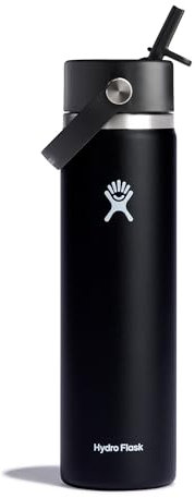 HYDRO FLASK - Trinkflasche 709ml (24oz) mit Strohdeckel - Vakuumisolierte, Wiederverwendbare Flasche aus Edelstahl - Auslaufsicherer Deckel - Größe Öffnung - Black
