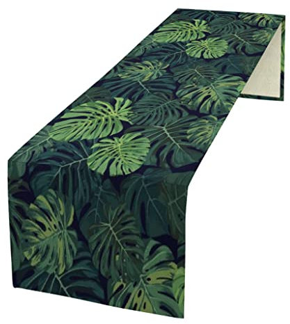 MYSLC Leinen Tischläufer Tropische Pflanze Dunkelgrüne Monstera Blätter Tischdecke Elegante Tischtuch für Hochzeit Küche Party Esszimmer Multicolor 33×91cm