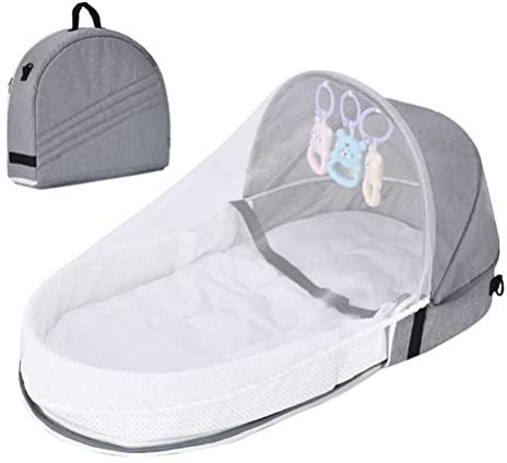 Ghzste Baby Travel Cot, Portable Baby Travel Bassinet with Mosquito Net and Toy, Foldable Cot, Toddler Travel Bed for Home Travel (Grey)