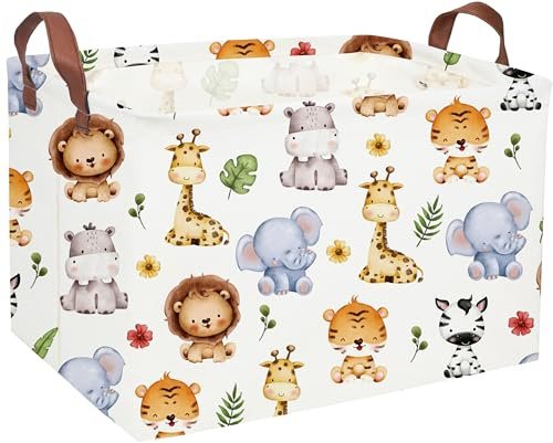 Sanjiaofen Rectangular Kids Storage Bins,Baby Baskets Organizer.Waterproof PE Coating Cute Basket with Handles.Woodland Nursery Decor,Toys Box,Books Basket, (Cute Animal)