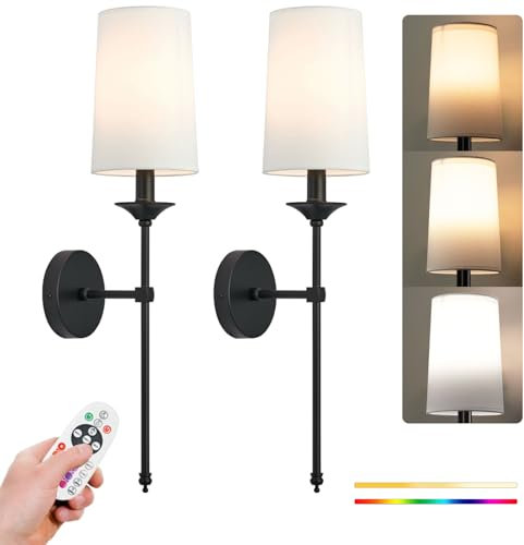 PASSICA DECOR Battery Operated Wall Lights Set of 2 Black Candlestick Powered Sconce with 15 Color Dimmable Remote Control Wireless Lighting, Rechargeable Wall Lights for Indoor Bedroom