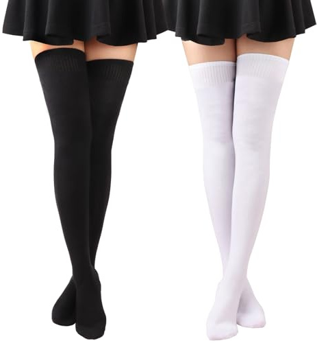 DRESHOW 2 Pares Mujer Extra Largos Medias de Muslo Hasta Rodilla Casual Sobre la Rodilla Medias Altas de Muslo Calcetines Largos de Algodón