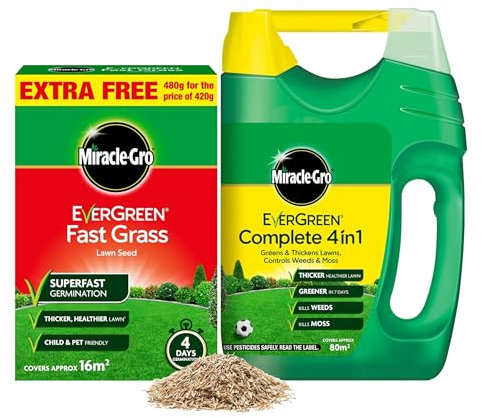 Fast Growing Grass Seed Bundle - Miracle Quick Grow Lawn Seeds 480g 16m2 & Complete 4in1 Lawn Food Spreader 2.8kg 80m2 Spring Lawns Feed Weed and Moss Killer with Topline Card