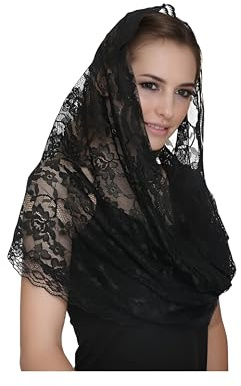 Proumhang Voile en Dentelle de Style Espagnol Floral à l'Infini Traditionnel pour Mariée, Mantille pour l'Église, Foulard en Dentelle pour la Messe Latine Noir
