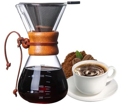 Pour Over - Cafetera de café para verter sobre cristal, mango de madera aislado, filtro permanente reutilizable de acero inoxidable, cafetera de goteo de mano sin papel (21oz/600 ml)
