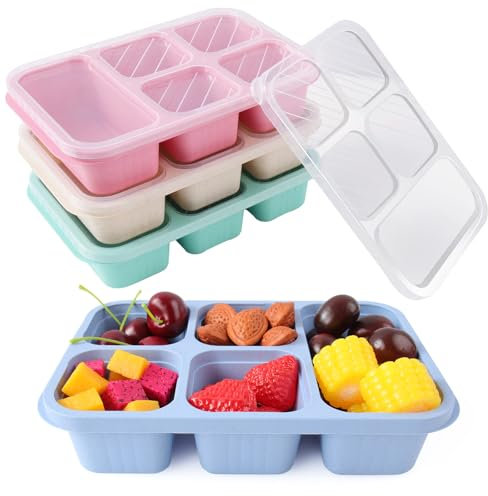 Philorn 4 Pack Snack Box with Compartments for Kids & Adults, Reusable Lunch Box with 5 Compartments, Leakproof Divided Bento Lunch Box for Travel School Work (Pink/Green/Beige/Blue)
