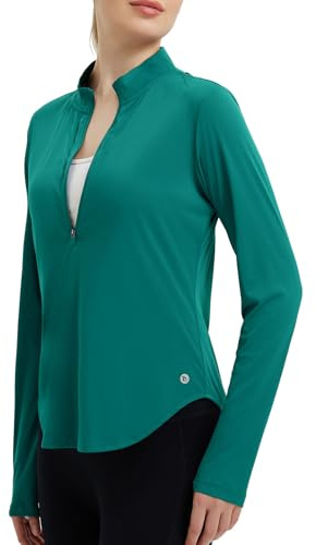 baleaf Chemise de soleil pour femme UPF50+ demi-fermeture éclair 1/4 - Rashguard à manches longues SPF - Vêtement léger - Protection UV - Haut de randonnée, Vert, L