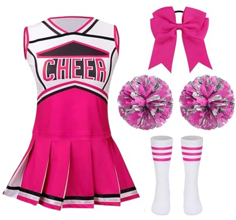 HAPNBCELE Costume de pom-pom girl pour filles, uniforme de pom-pom girl rose rouge, 5 pièces, tenue d'Halloween et de cosplay, 140 cm (8 à 9 ans)
