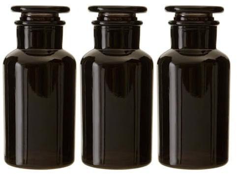 UNIQUE HOME LIVING Apothecary Jar Set of 3 Reagent Bottles, 250ml Black Glass Storage Jars with Lid, Reusable Vintage Refillable Container for Essential Oils, Bath Salts, Lotion, Perfume