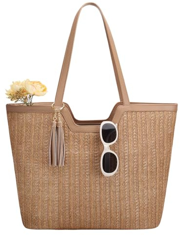 VASCHY Bolso Shopper Mujer de Paja con Cremallera, Tote Mediano 34 x 15 x 34 cm, Forro y Bolsillos, Estilo Boho con Borlas Desmontables, Capazo Urbano para Compras y Ciudad, Marrón