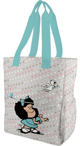 Grafoplás Mafalda Bird Tote Bag Umhängetasche, 37,5 x 31 x 14 cm, 14 Liter, spezielles tragbares Fach, verstärkter Boden, verstellbarer Griff und Schulterriemen, Innen- und Außentaschen, grau