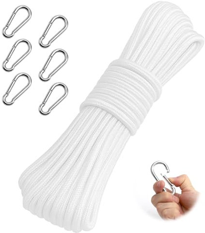 APOMOONS 20M Cuerda Trenzada, 6 Ganchos para Mosquetón, Cuerda Multiusos, Cuerda Trenzada Grueso para Atar Nudos para Manualidades,Colgando,Jardín, de Camping, Supervivencia Emergencia (Blanco
