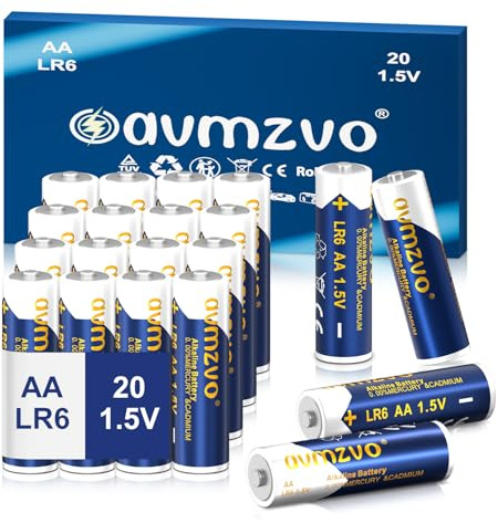 avmzvo AA-batterier 20 stycken, batterier LR6, 1,5 V alkalisk, hållbar kraft, kraftfull, kan användas för leksaker, väckarklockor och andra elektroniska enheter 【10 års garanti】