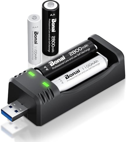 BONAI Caricabatterie Pile Ricaricabili AA AAA con 2 Pile AA 2800mAh e 2 Pile AAA 1100mAh, Carica Batterie USB a 2 Slot Indipendenti per Batterie Ni-MH, Alimentazione USB Portatile