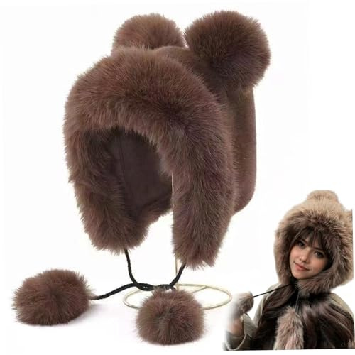 Ferricult Bärenmütze, pelzige Plüschtiermütze mit Ohren, weiche, warme Wintermütze für Erwachsene, Frauen, Mädchen, Kaffee, Heimdekoration