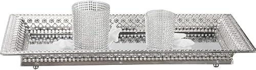 Bandeja decorativa rectangular de metal plateado con espejo – Elegante centro de mesa, portavelas y porta perfumes para baño y salón (grande, 50 × 30 cm)