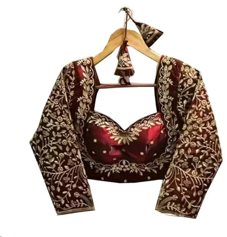 Hare Krishna Indian Store Women's Embellished, Emboridred Silk Saree Blouse, Maroon Floral Crop Top with Sequins, Traditional Style, Size 34-38 + 2 Inches Margin Pdded Blouse
