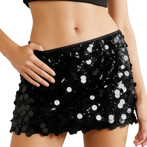 LEHEEYWT Sequin Skirt for Women, Black Sliver Mini Sparkly Skirt, Party Dresses for Women Outfit Dance Party Night Out Party (UK, Alpha, One Size, Regular, Regular, S, Black)