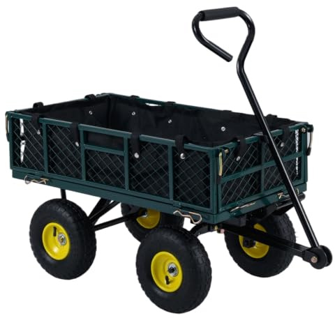 HOMASIS Carrello da Giardino Portatutto con 4 Ruote Grandi, Maniglia Regolabile, Rete Rimovibile, Fodera, Carretto Trasporto Porta Attrezzi, Carriola a Mano per Spiaggia, Campeggio, Portata 410 kg